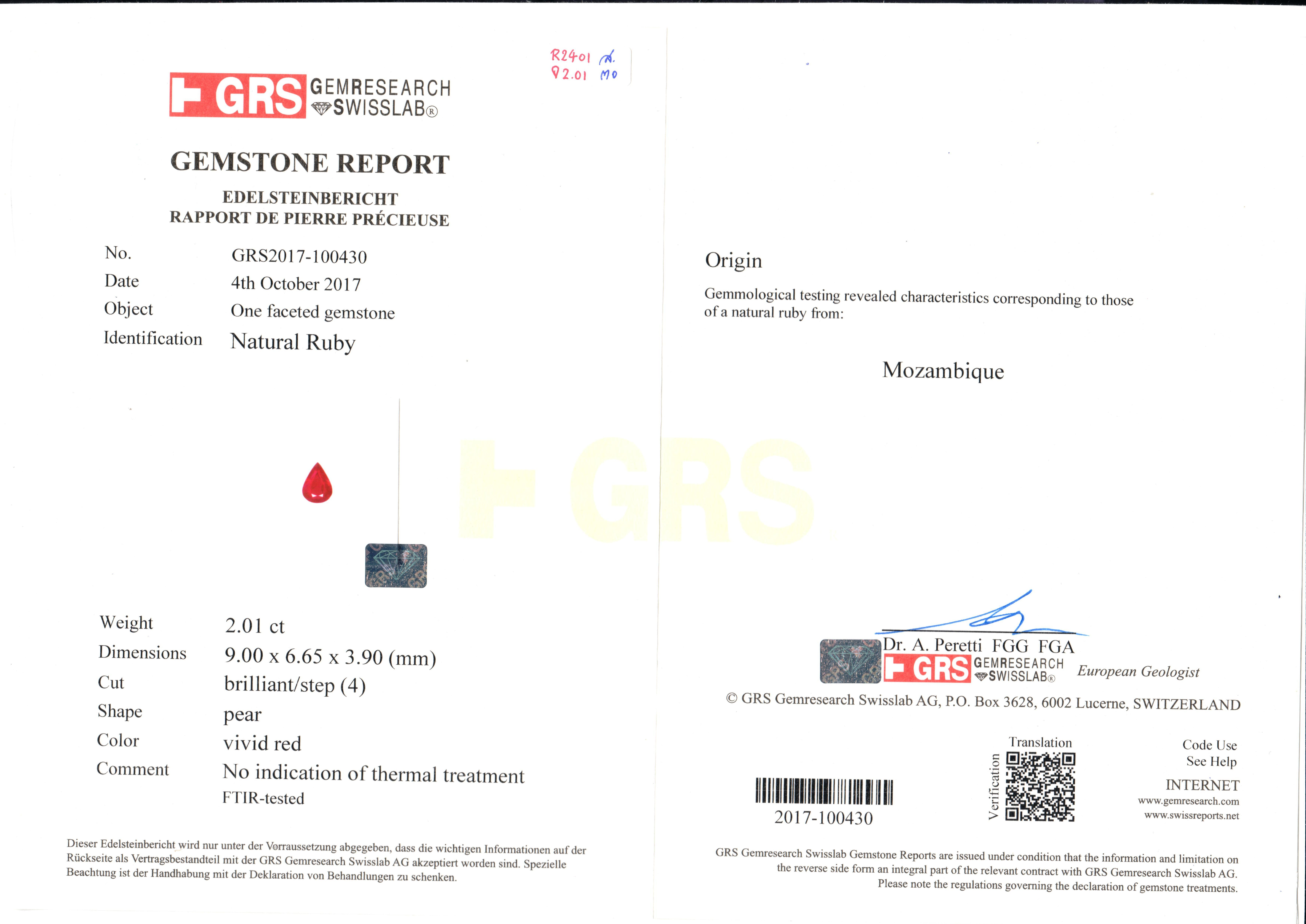 Рубин, MOZAMBIQUE, UNHEATED, Груша, 2,01ct