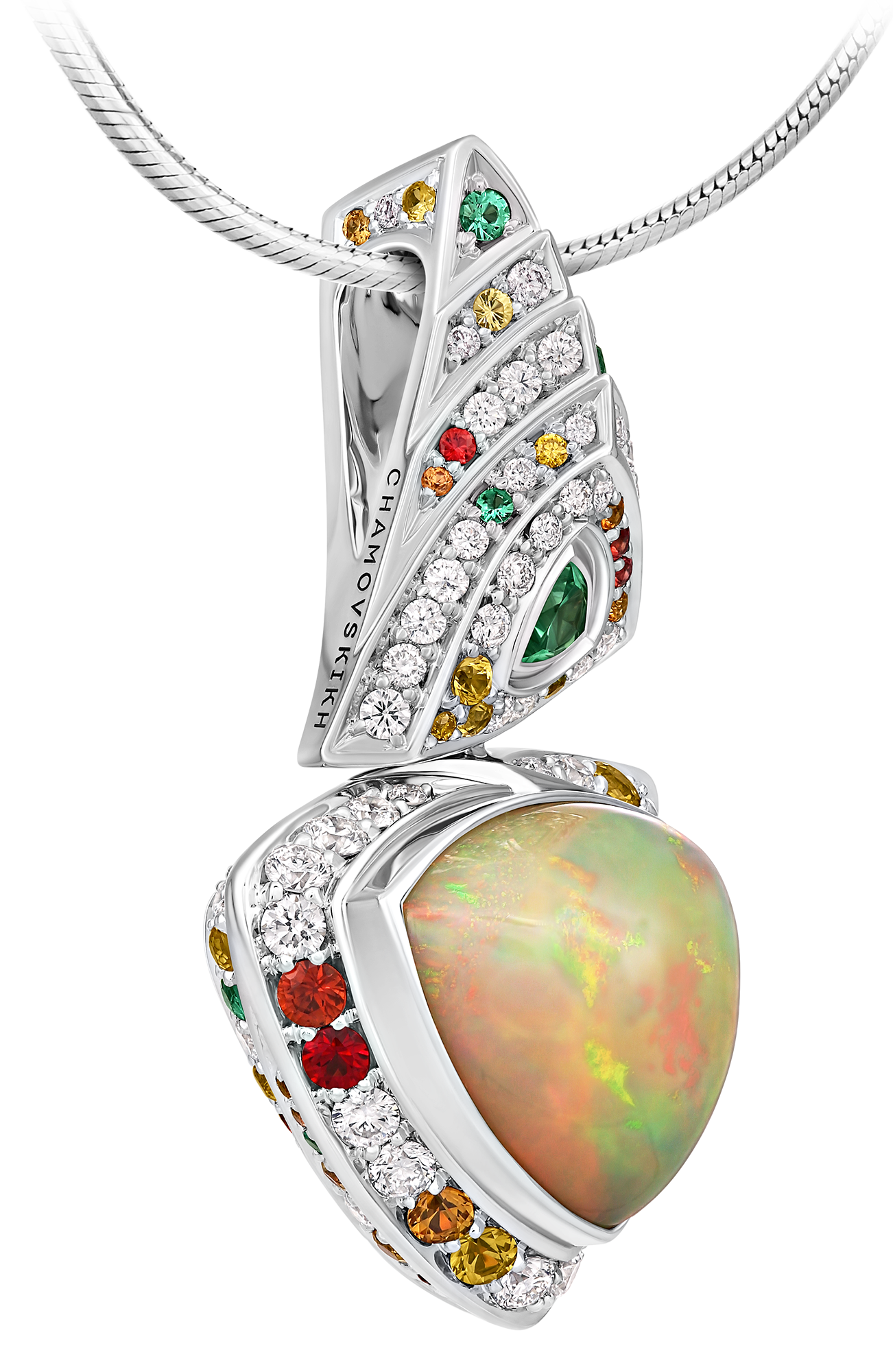 Подвес с опалом, бриллиантами, сапфирами и изумрудами, белое золото