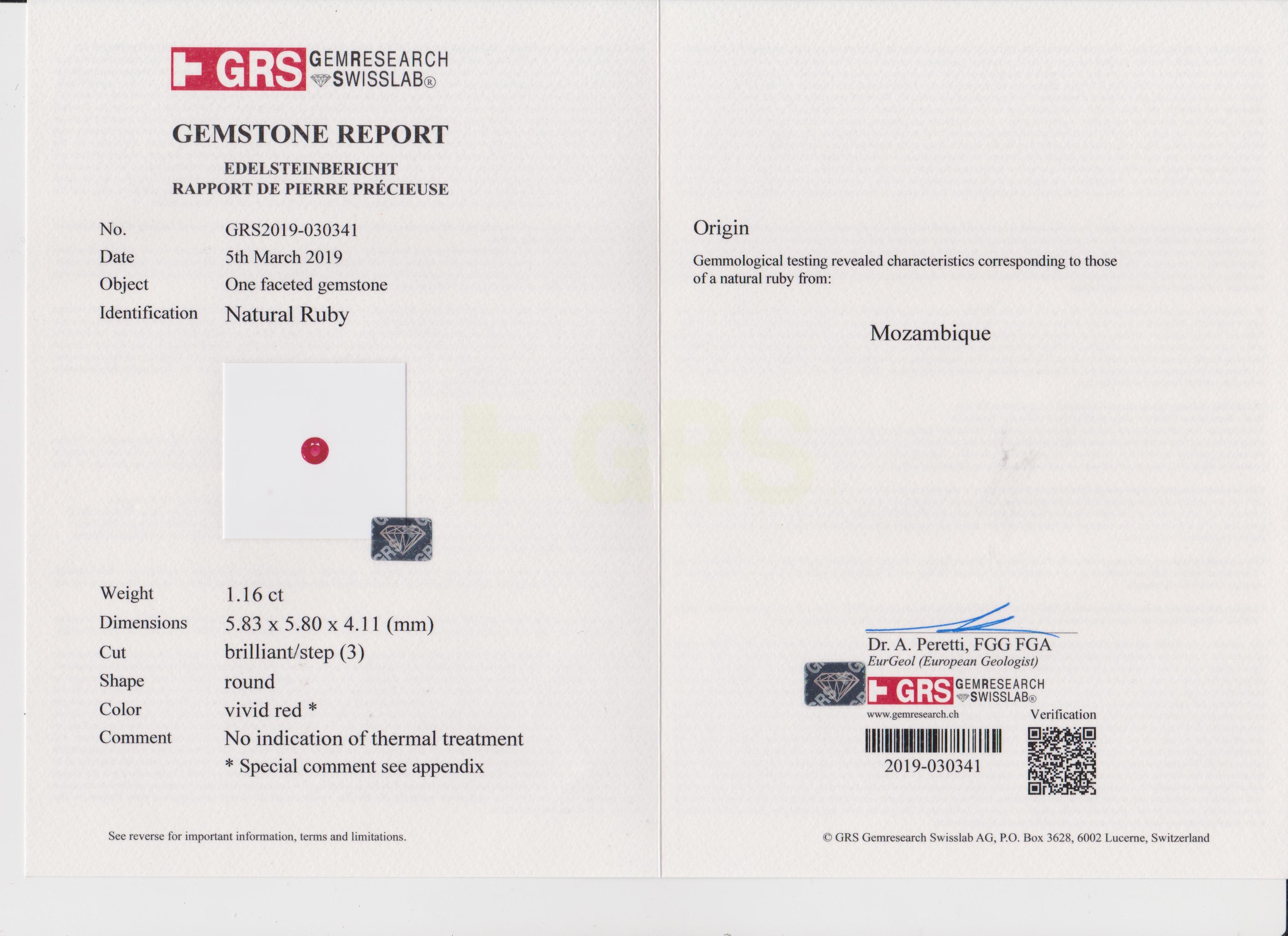 Рубин, MOZAMBIQUE, UNHEATED, Круг, 1,16ct