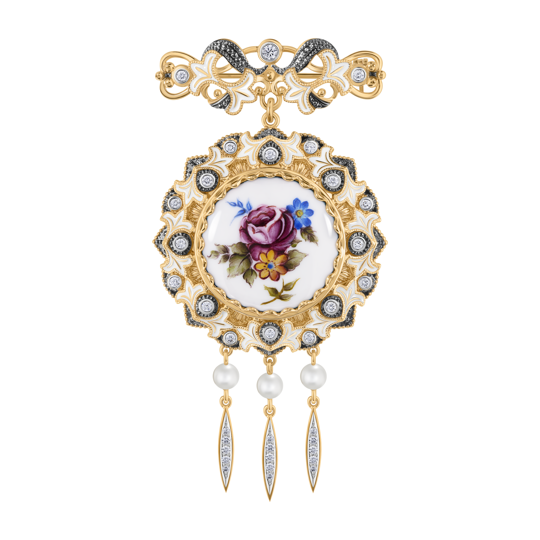 Брошь с бриллиантами и жемчугом, жёлтое золото, финифть