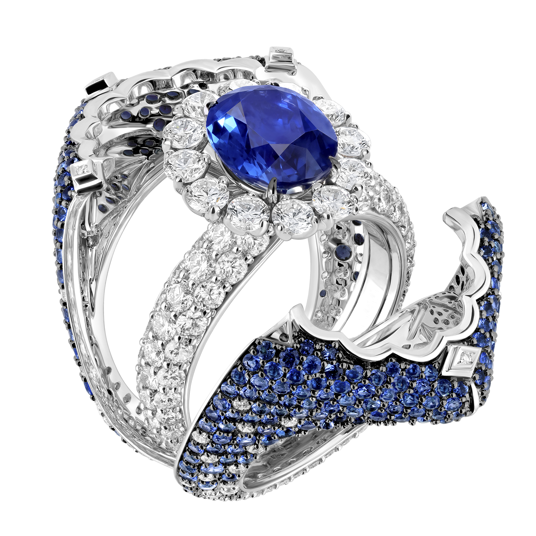 Кольцо с сапфирами и бриллиантами, белое золото