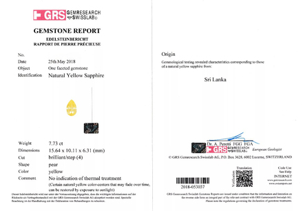 Жёлтый сапфир, SRI LANKA, UNHEATED, Груша, 7,73ct 3