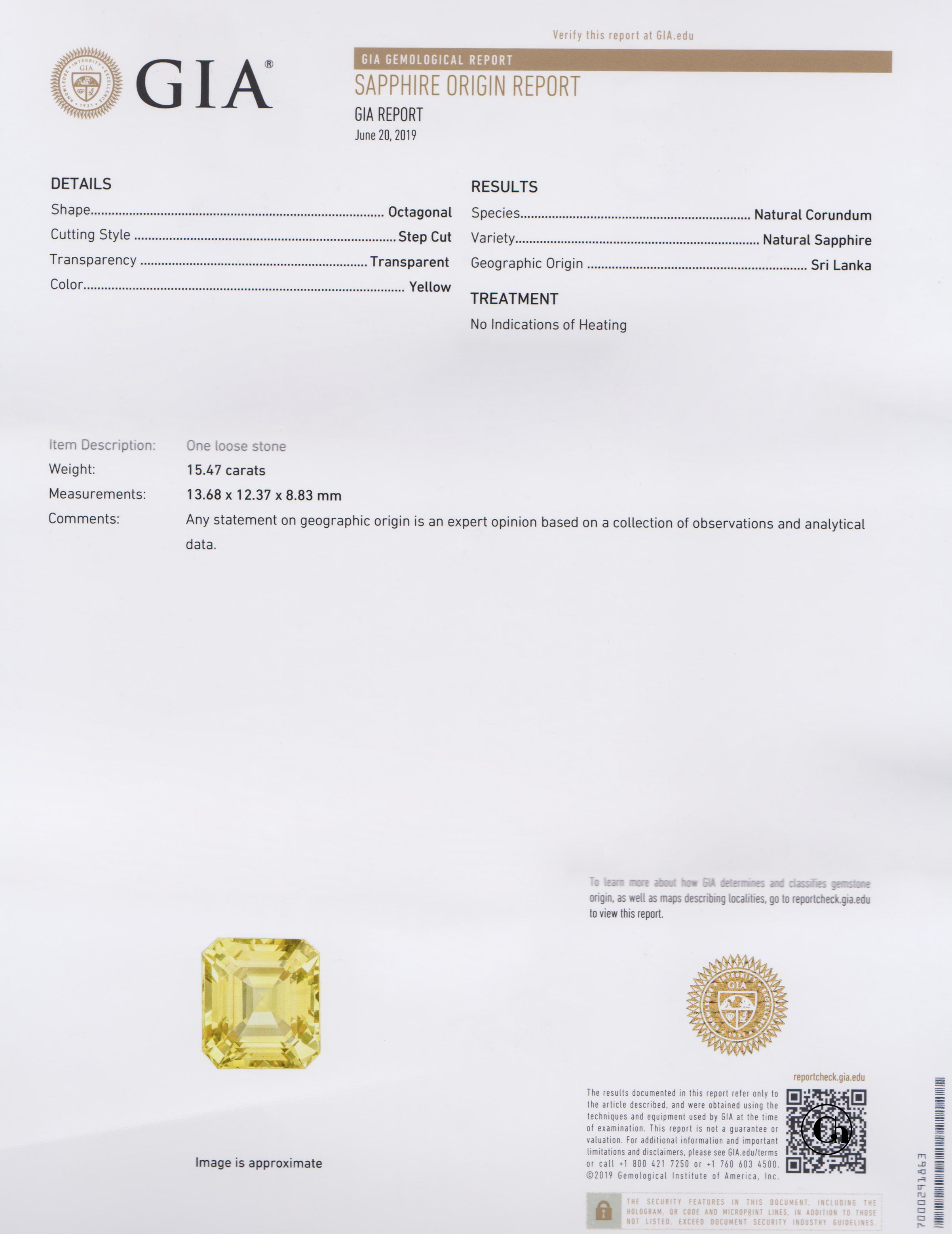 Жёлтый сапфир, SRI LANKA, UNHEATED, Октагон, 15,47ct