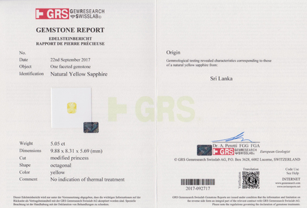 Сет из двух жёлтых сапфиров, SRI LANKA, UNHEATED, Октагон, 5,51ct/ 5,05ct 4