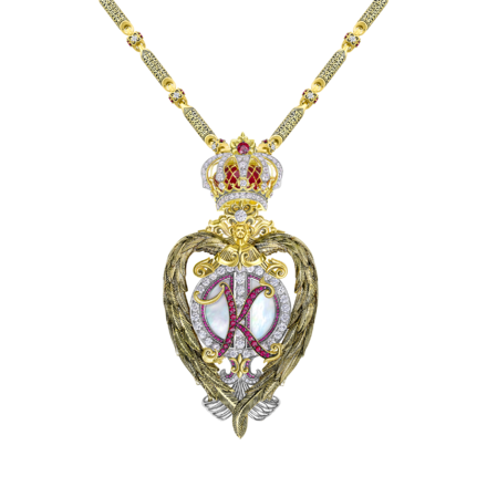 Брошь - подвес с перламутром, бриллиантами и рубинами, жёлтое и белое золото 2