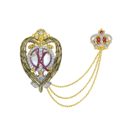 Брошь - подвес с перламутром, бриллиантами и рубинами, жёлтое и белое золото 1