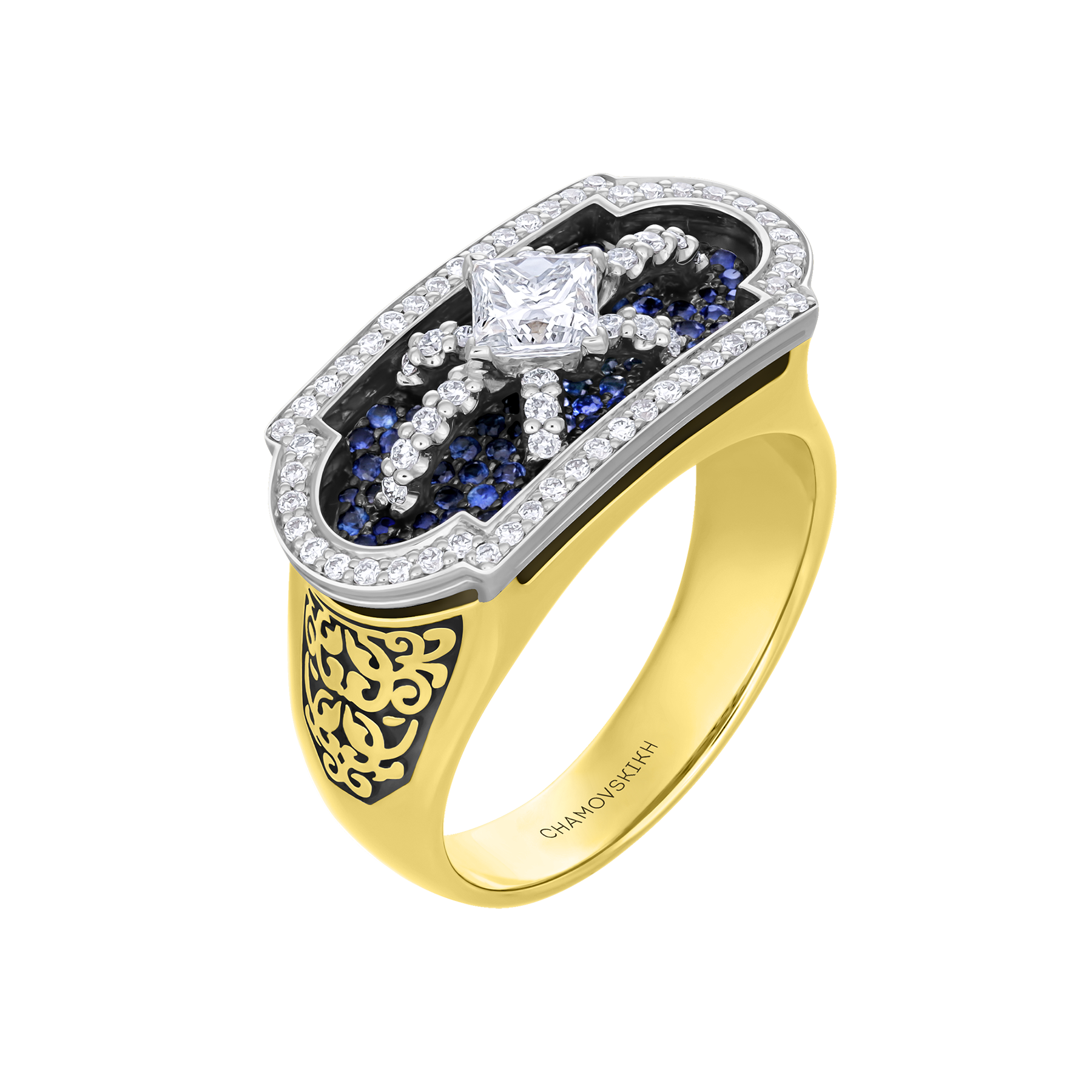 Кольцо с бриллиантами и сапфирами, жёлтое и белое золото