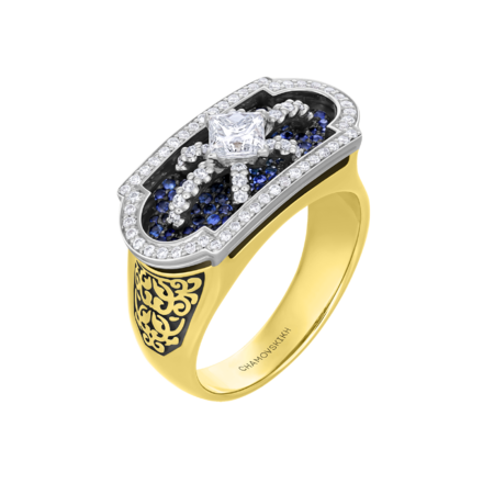 Кольцо с бриллиантами и сапфирами, жёлтое и белое золото 1