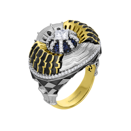 Кольцо с бриллиантами и сапфирами, жёлтое и белое золото 1
