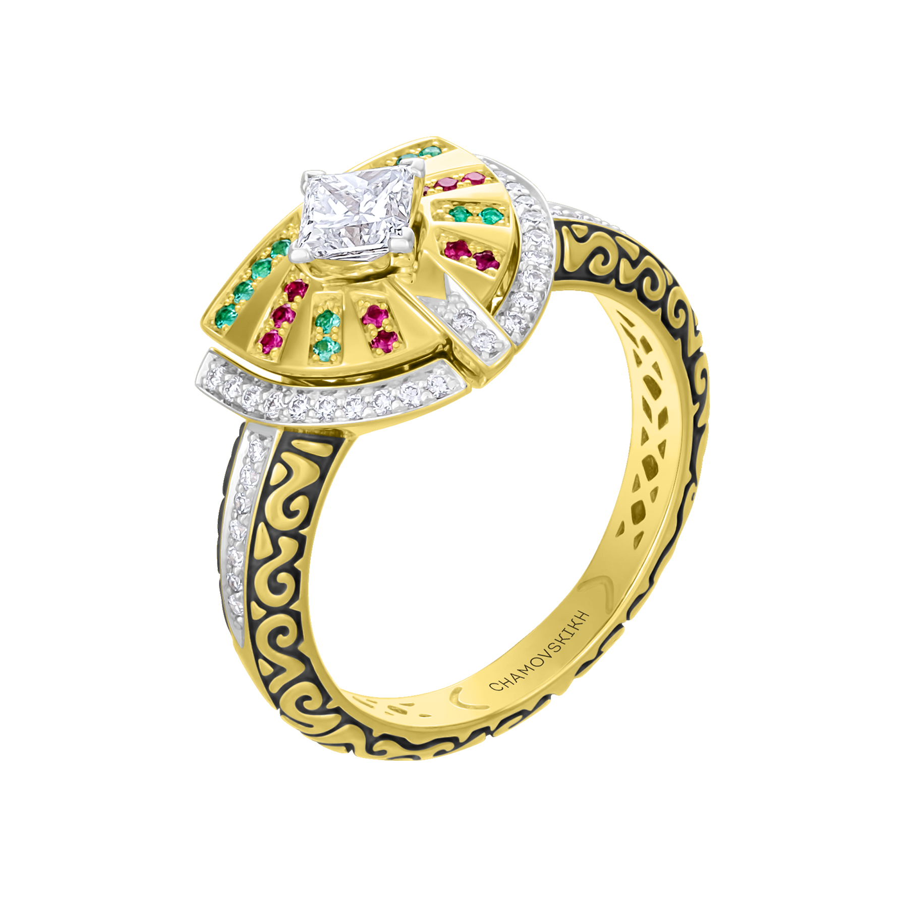 Кольцо с бриллиантами, изумрудами и рубинами, жёлтое золото