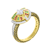Кольцо с бриллиантами, изумрудами и рубинами, жёлтое золото