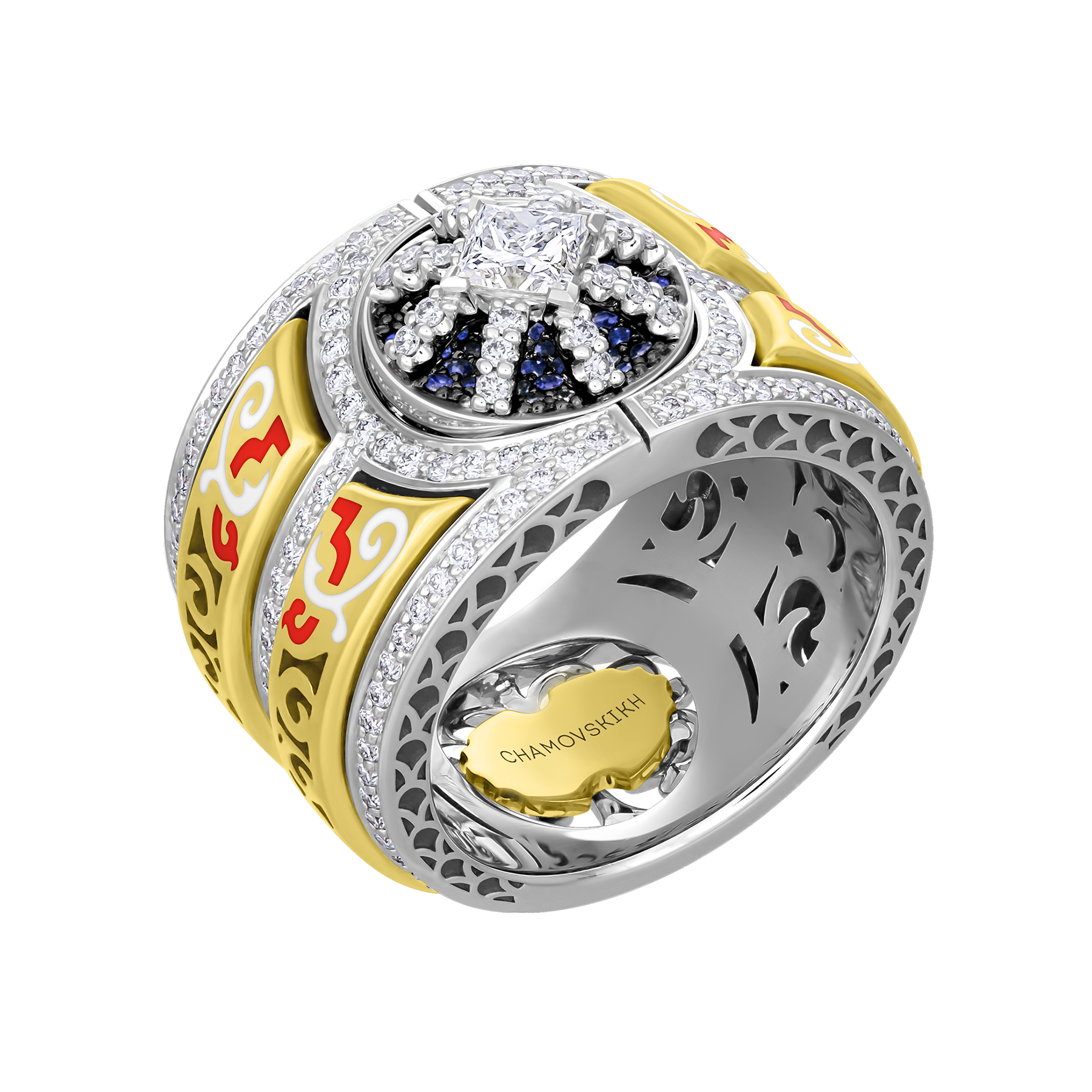 Кольцо с бриллиантами и сапфирами, жёлтое и белое золото, н.керамика