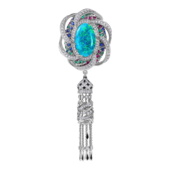 Брошь с опалом, изумрудами, рубинами, сапфирами и бриллиантами, белое золото, н.керамика