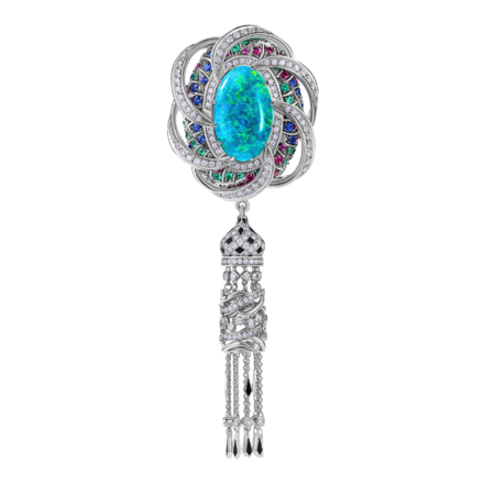 Брошь с опалом, изумрудами, рубинами, сапфирами и бриллиантами, белое золото, н.керамика 1