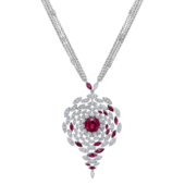 Колье-брошь с турмалином рубеллит, бриллиантами и рубинами, белое золото