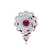 Колье-брошь с турмалином рубеллит, бриллиантами и рубинами, белое золото