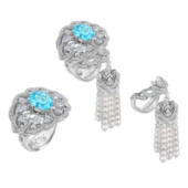 Кольцо с турмалином параиба, бриллиантами и жемчугом, белое золото