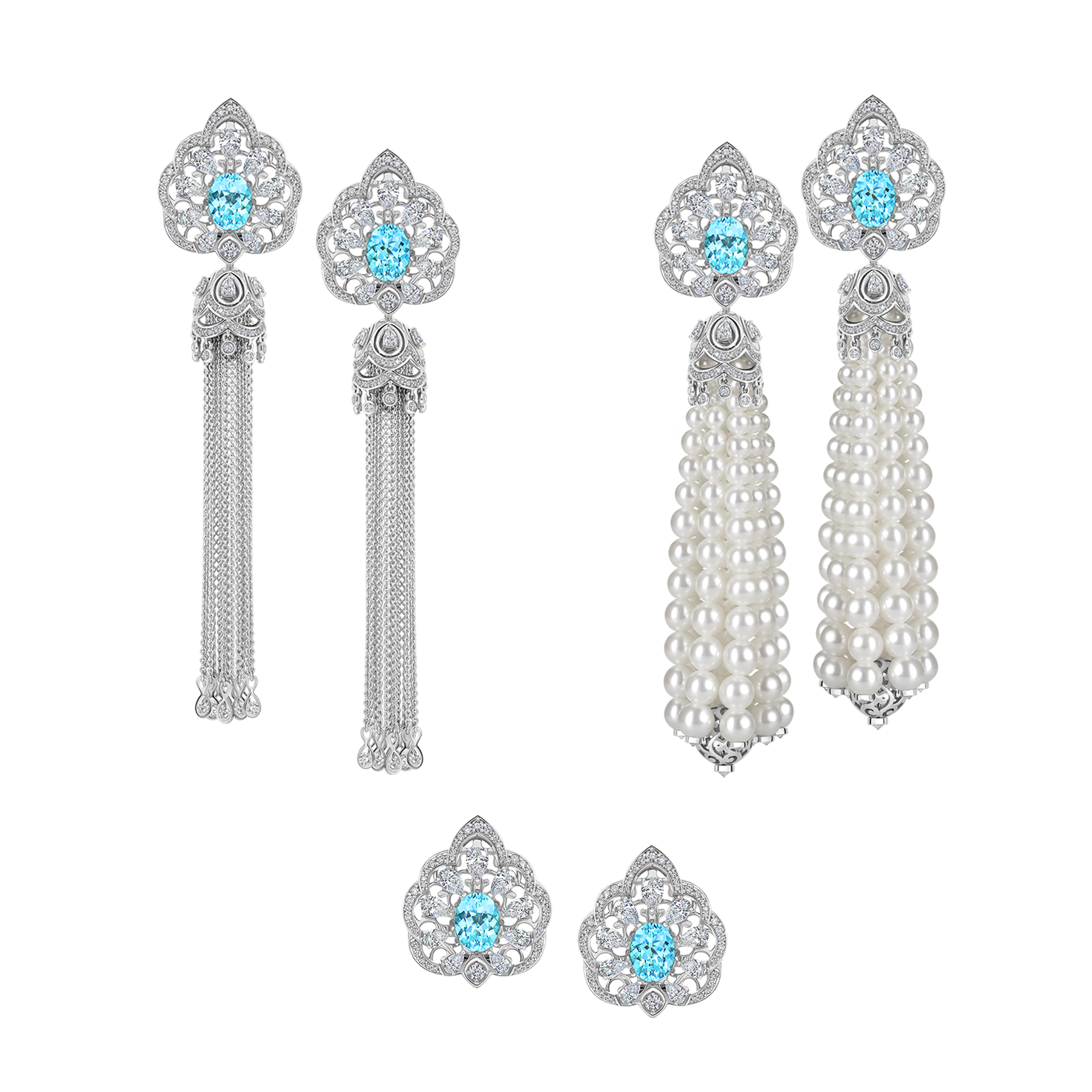 Серьги с турмалинами параиба, бриллиантами и жемчугом, белое золото