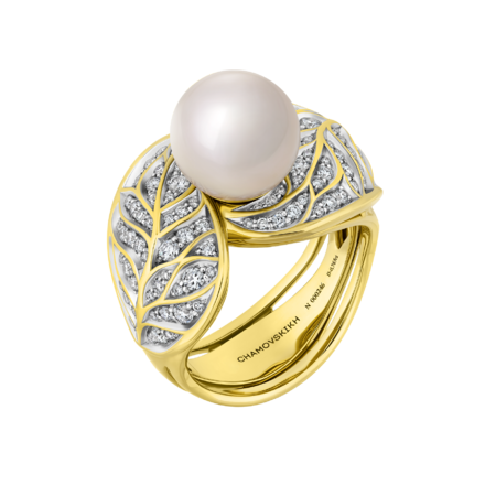 Кольцо с жемчугом и бриллиантами, жёлтое золото 1