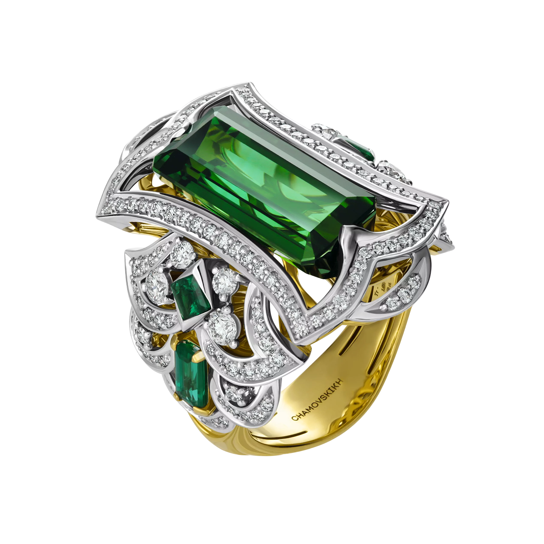Кольцо с турмалином, изумрудами и бриллиантами, жёлтое и белое золото