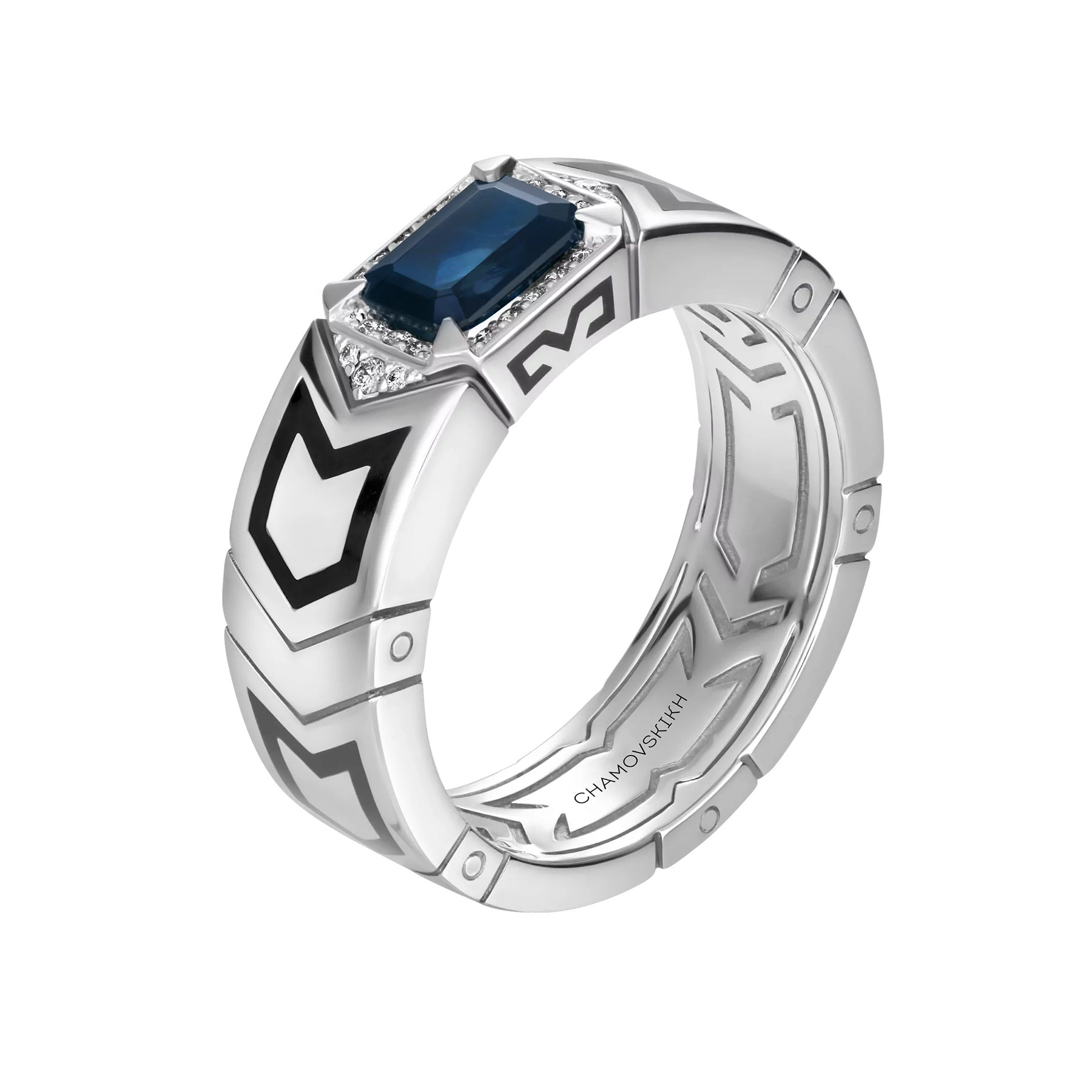 Кольцо с сапфиром и бриллиантами, белое золото, н. керамика