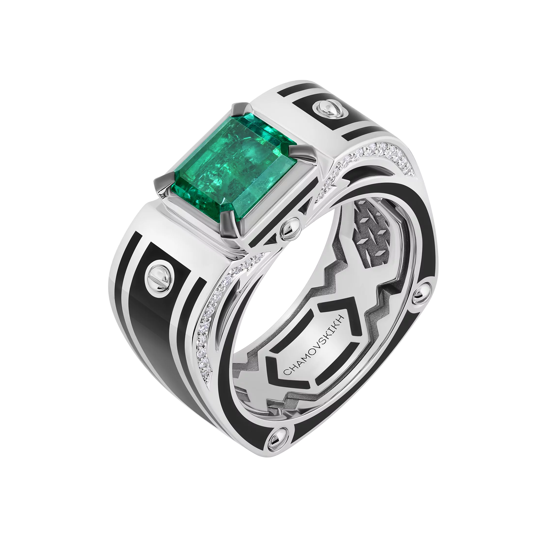 Кольцо с изумрудом и бриллиантами, белое золото, н. керамика