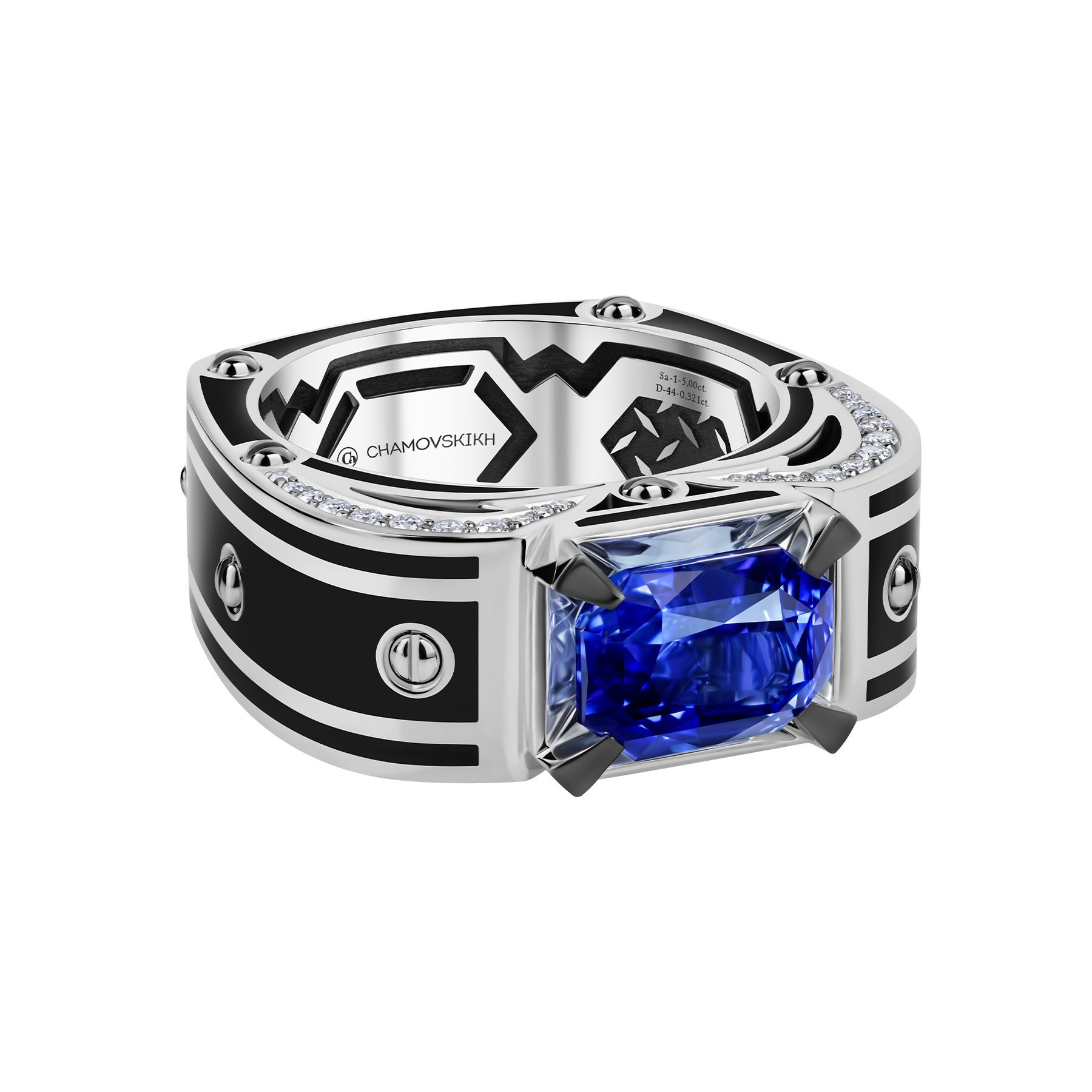 Кольцо с сапфиром и бриллиантами, белое золото, н. керамика