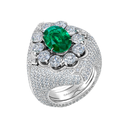 Кольцо с изумрудом и бриллиантами, белое золото 1