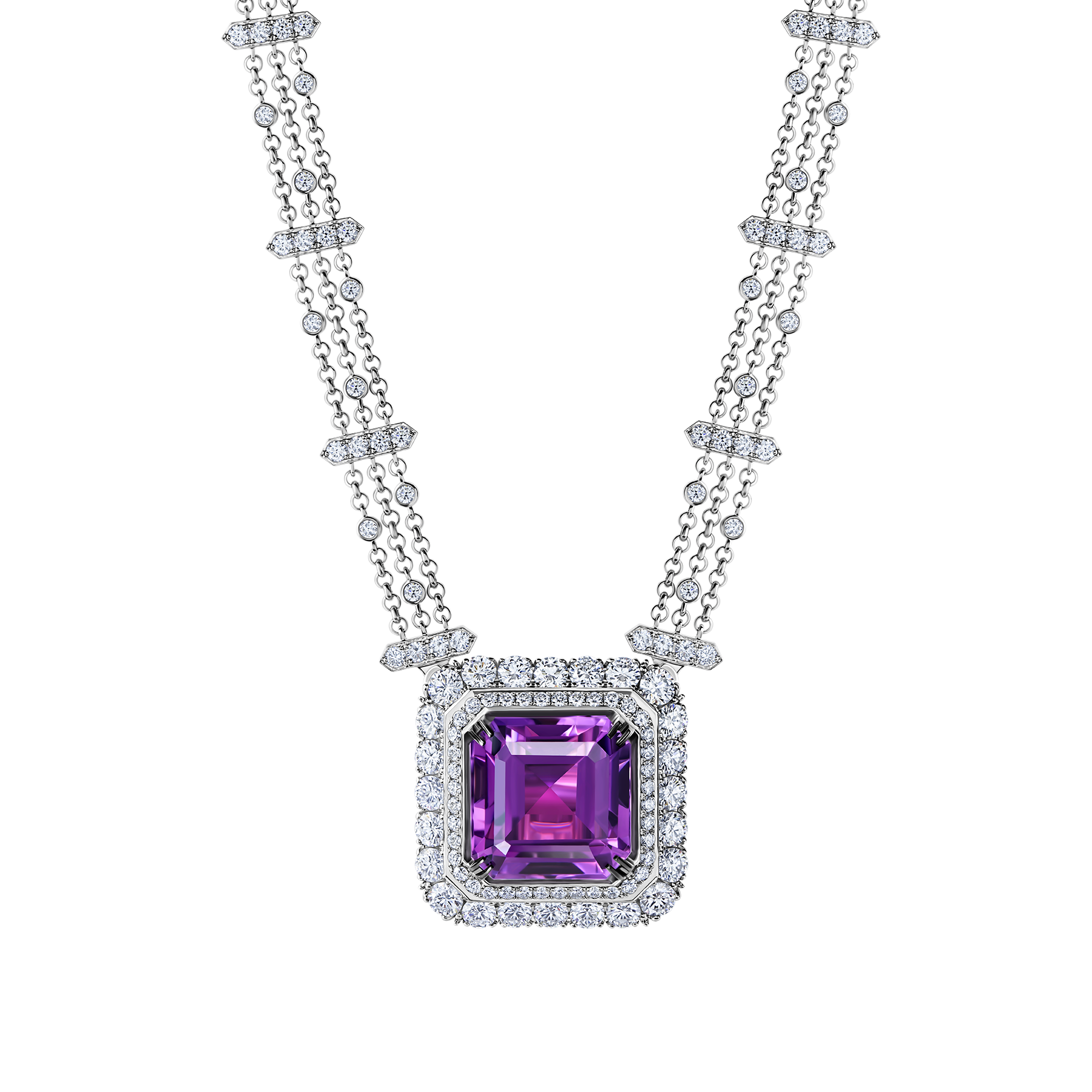 Колье с аметистом и бриллиантами, белое золото
