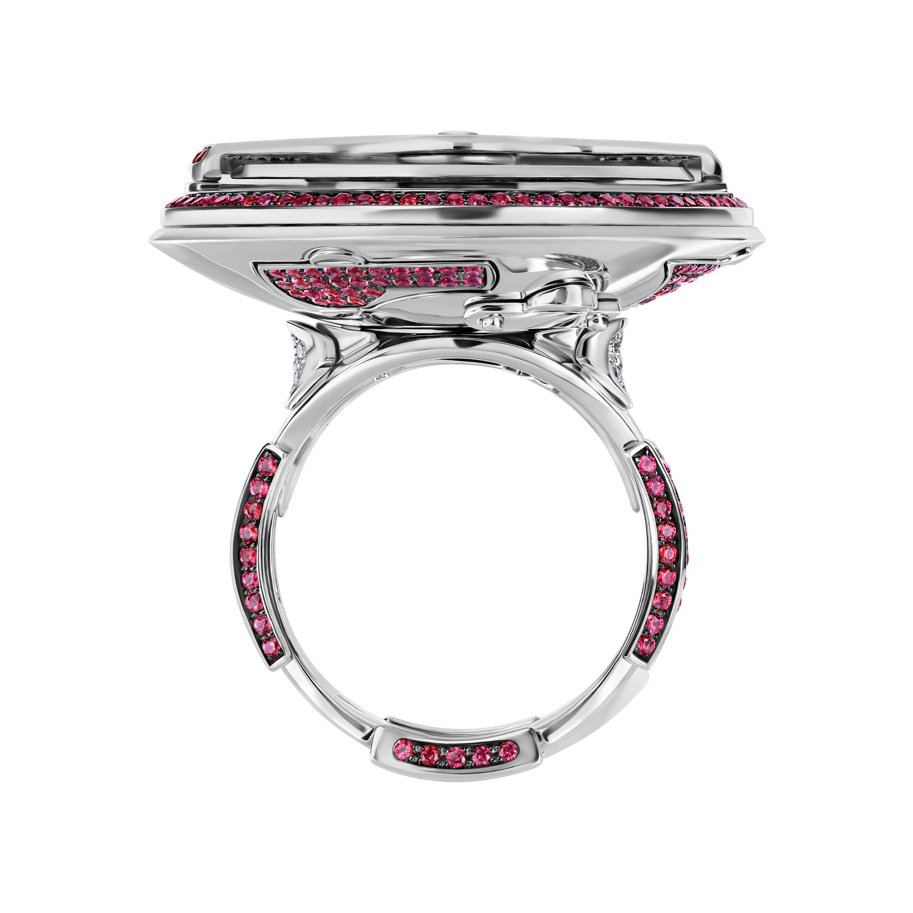 Кольцо с бриллиантами и рубинами, белое золото, н.керамика