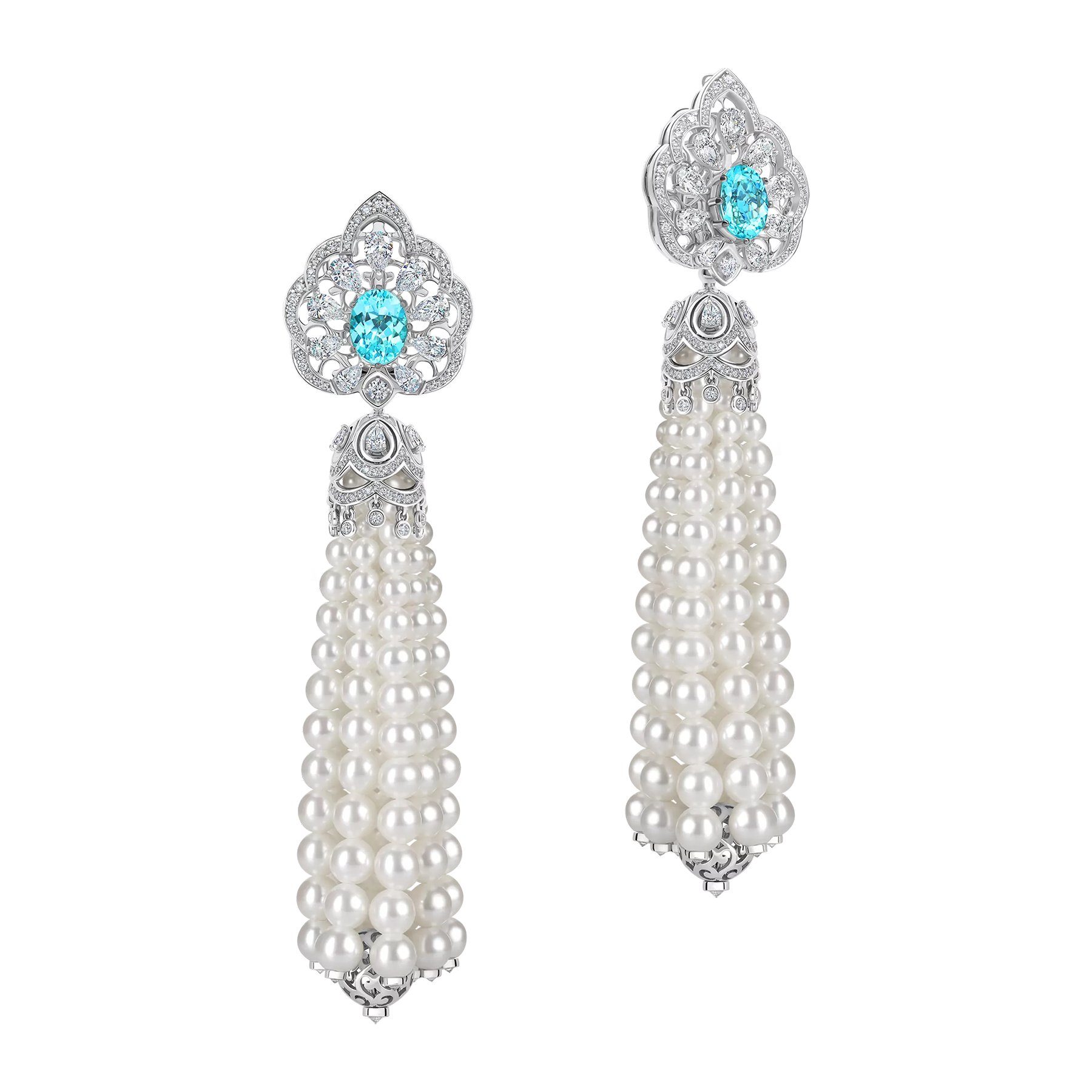 Серьги с турмалинами параиба, бриллиантами и жемчугом, белое золото