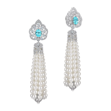 Серьги с турмалинами параиба, бриллиантами и жемчугом, белое золото 1
