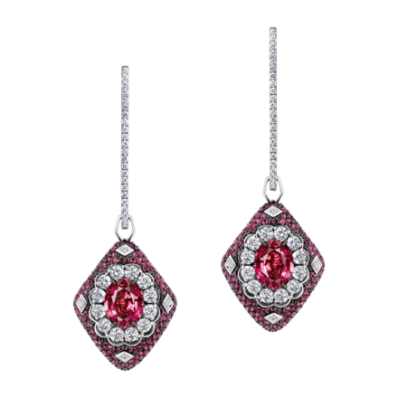 Серьги с рубеллитами, бриллиантами, сапфирами и рубинами, белое золото 1