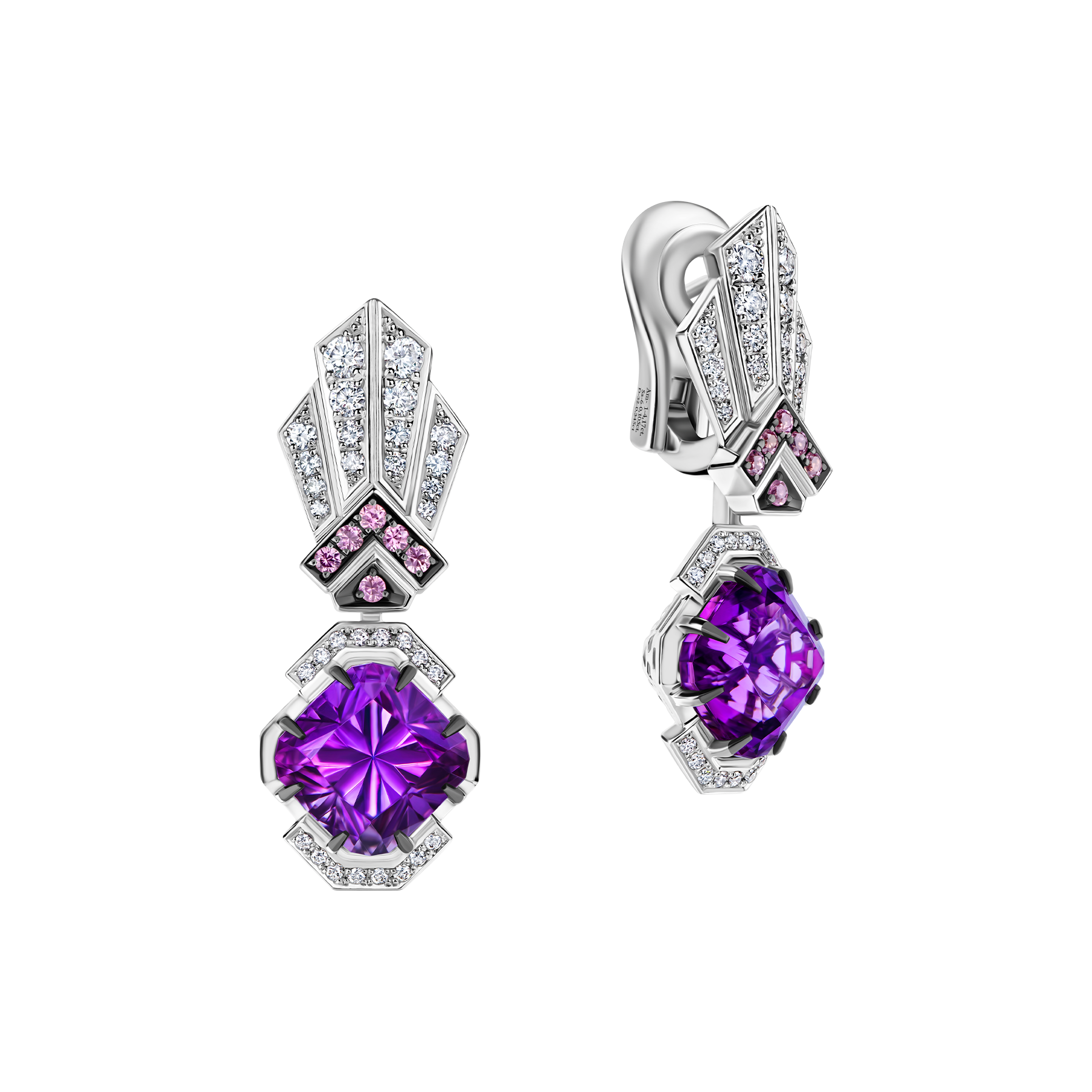 Серьги с аметистами, бриллиантами и сапфирами, белое золото