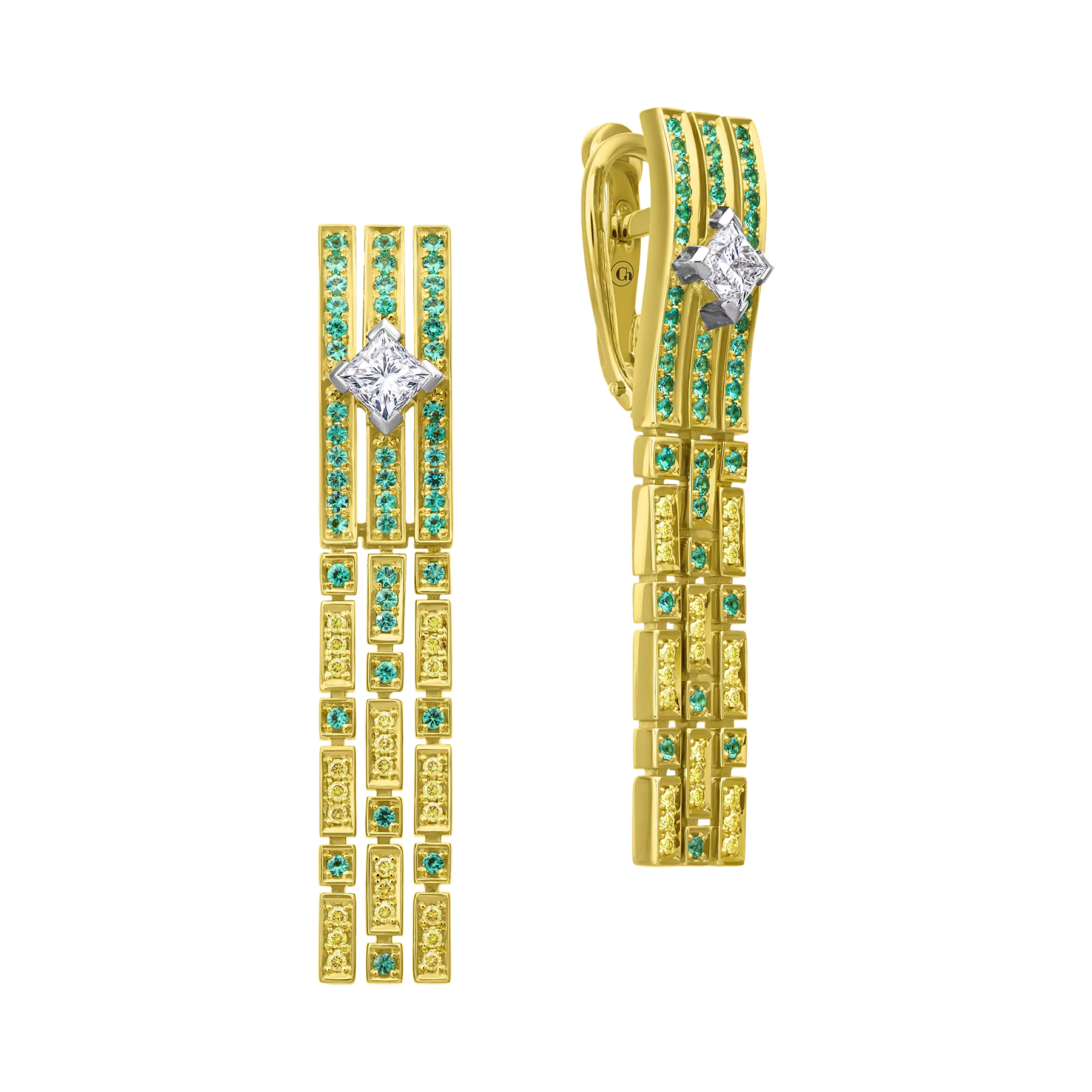 Серьги с бриллиантами и изумрудами, жёлтое золото