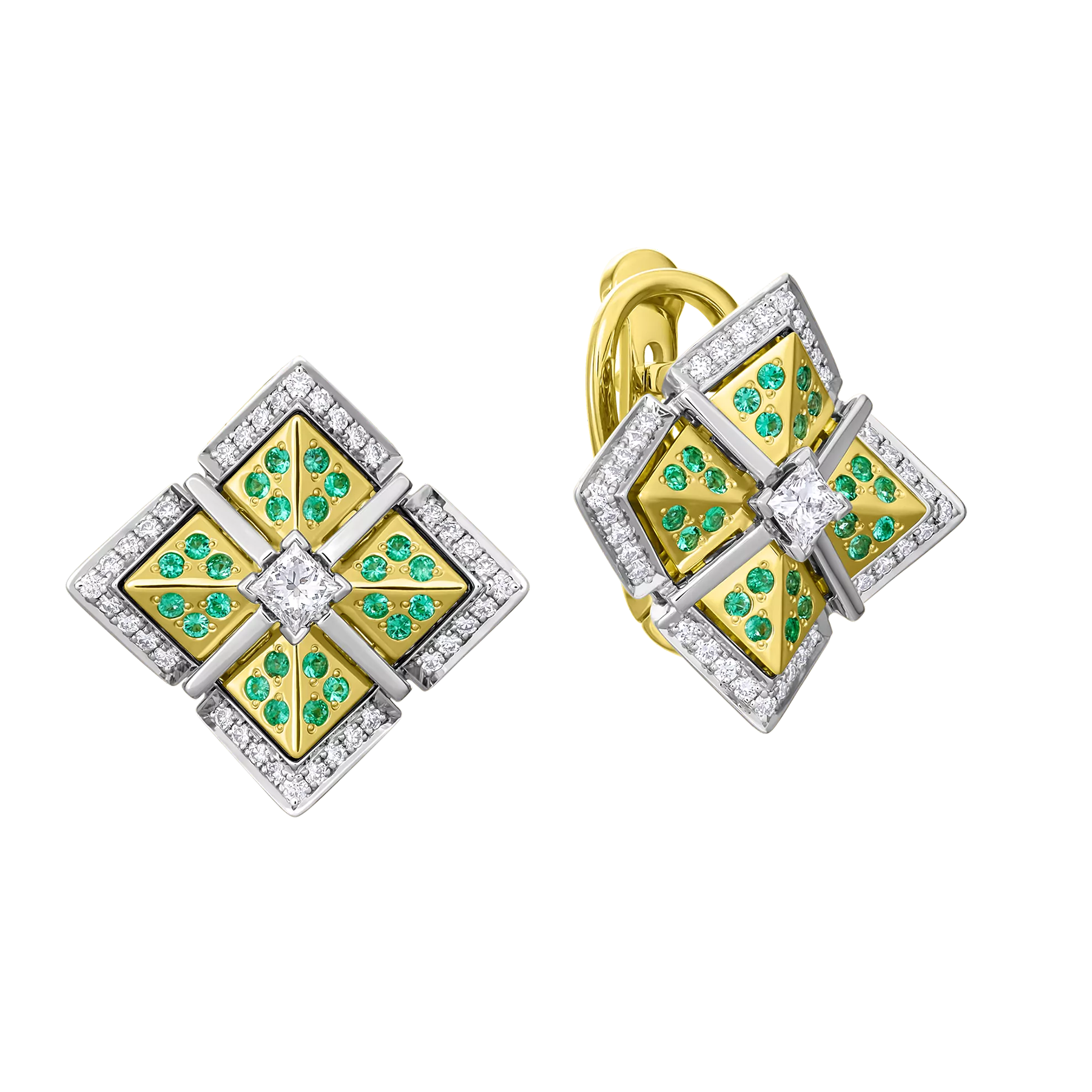Серьги с бриллиантами и изумрудами, жёлтое золото