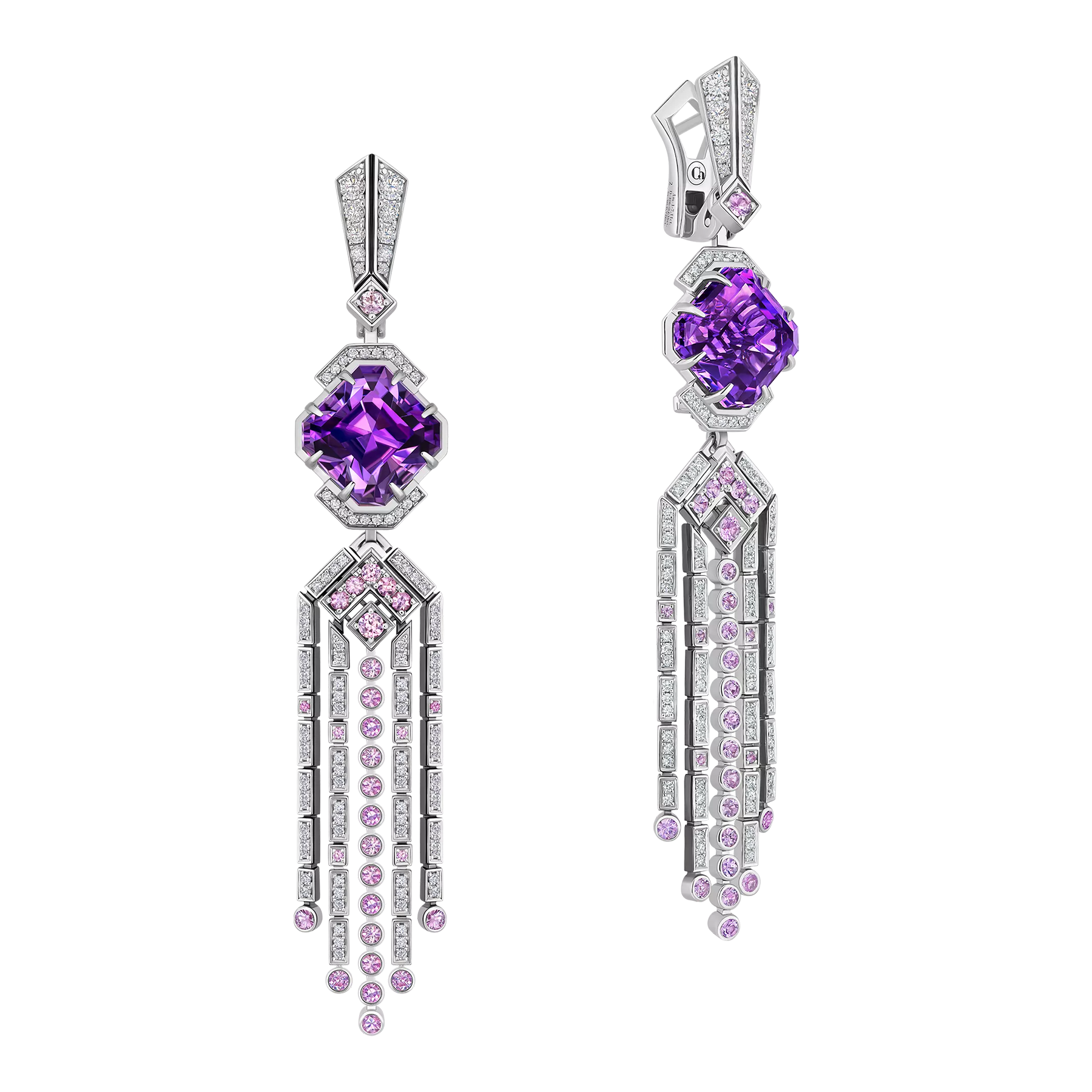 Серьги с аметистами, бриллиантами и розовыми сапфирами, белое золото