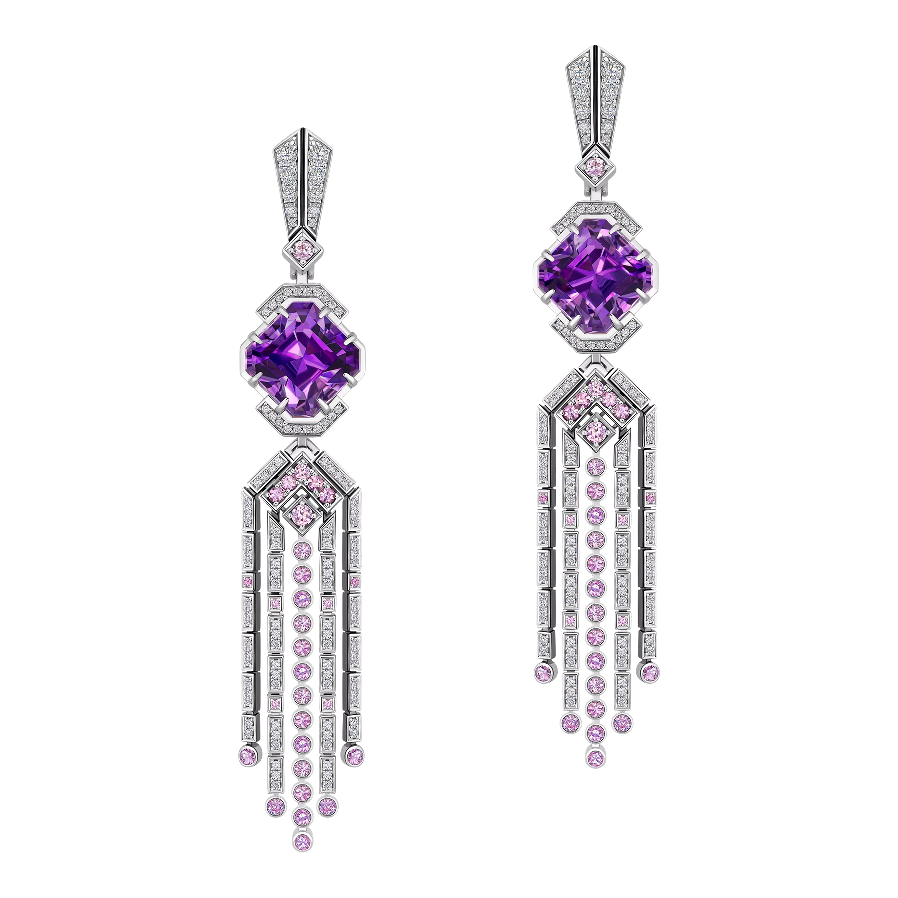 Серьги с аметистами, бриллиантами и розовыми сапфирами, белое золото