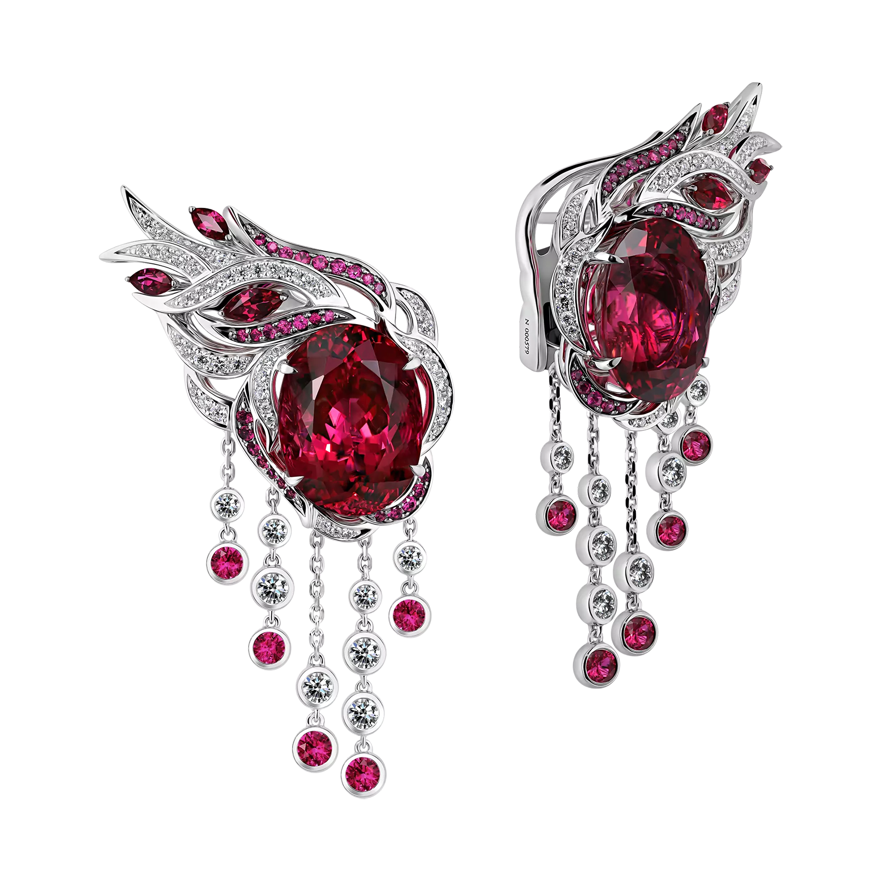 Серьги с рубеллитами, бриллиантами и рубинами, белое золото