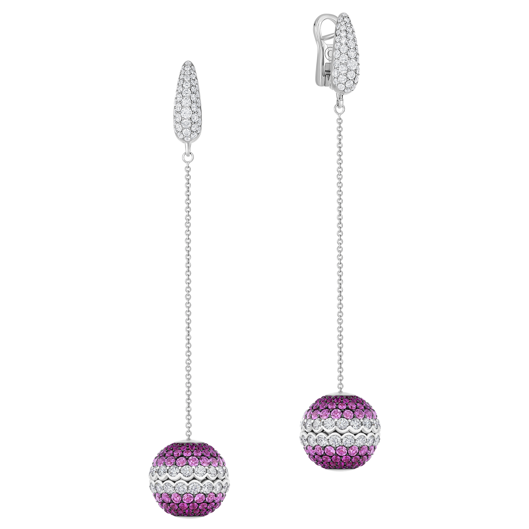 Серьги с бриллиантами, рубинами и розовыми сапфирами, белое золото