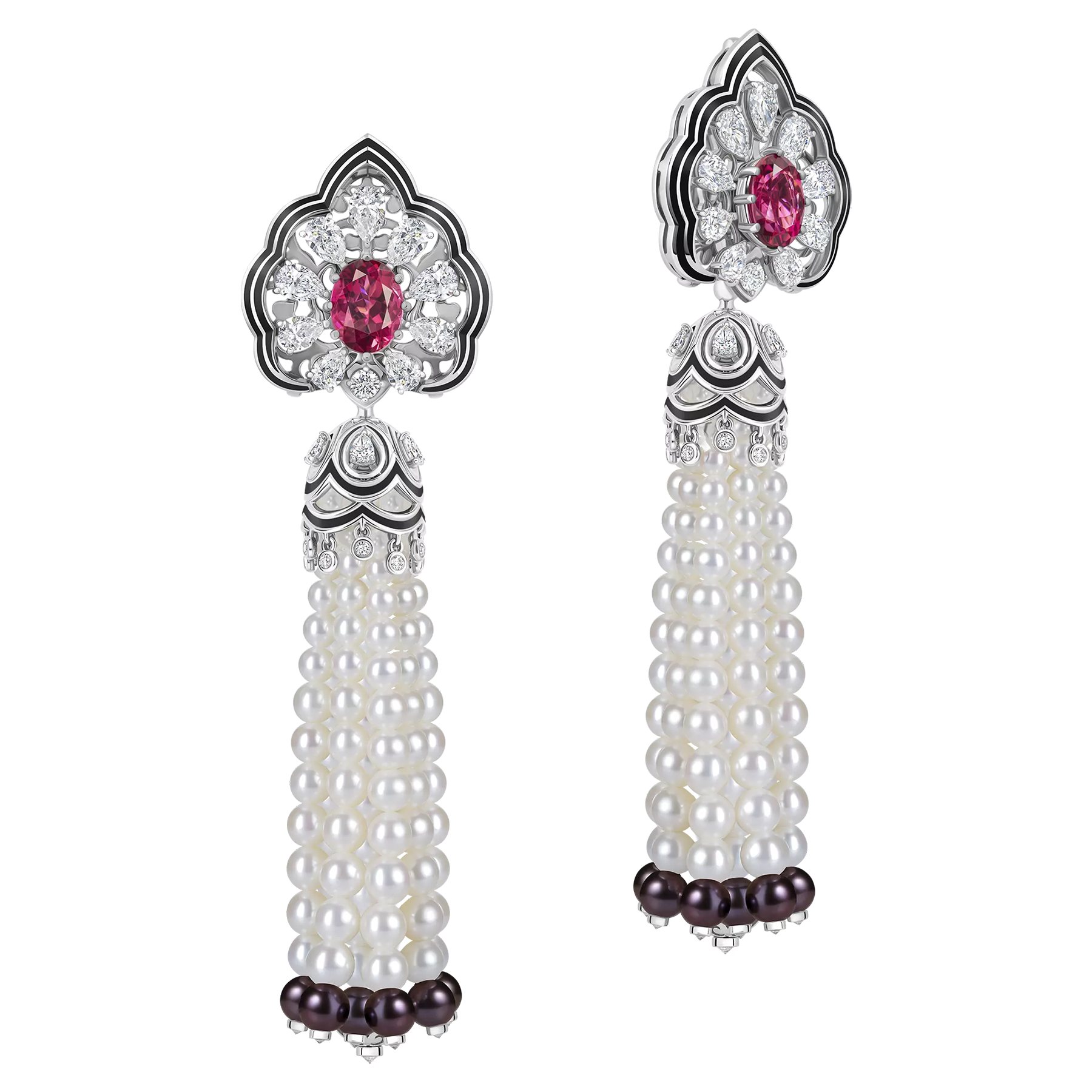 Серьги с рубеллитами, бриллиантами и жемчугом, белое золото, н.керамика