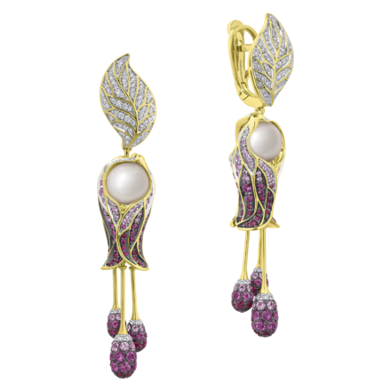 Серьги с жемчугом, бриллиантами, розовыми сапфирами и рубинами, желтое золото 1