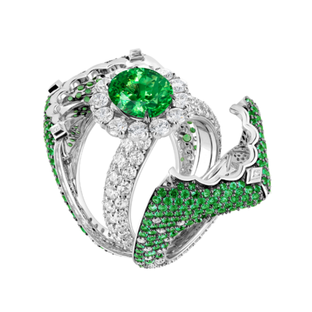 Кольцо с тсаворитами и бриллиантами, белое золото 2