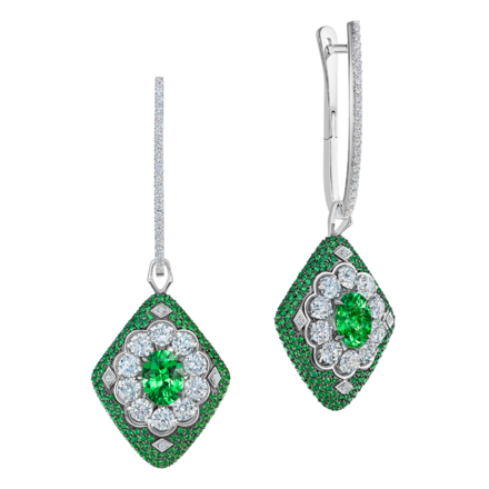 Серьги с тсаворитами и бриллиантами, белое золото 1