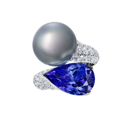 Кольцо с танзанитом, жемчугом и бриллиантами, белое золото 2