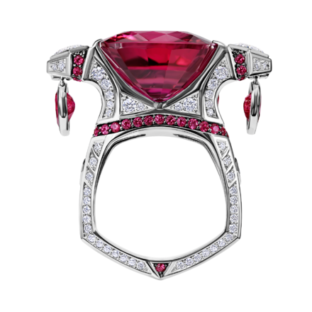 Кольцо с турмалином рубеллит, бриллиантами и рубинами, белое золото 2