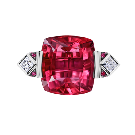 Кольцо с турмалином рубеллит, бриллиантами и рубинами, белое золото 4