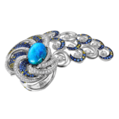 Кольцо с опалом, бриллиантами и сапфирами, белое золото