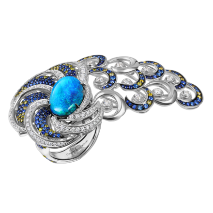 Кольцо с опалом, бриллиантами и сапфирами, белое золото 1