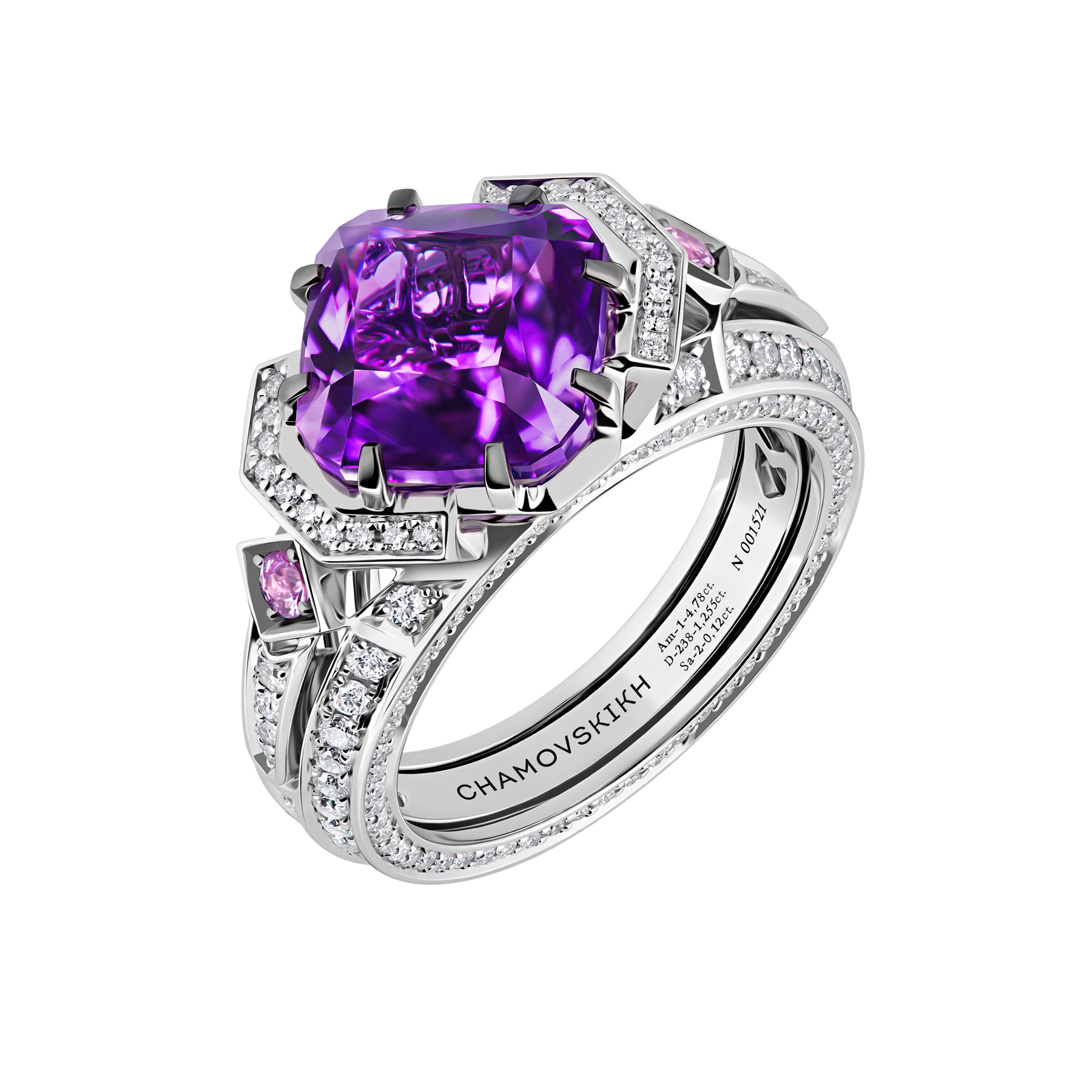 Кольцо с аметистом, бриллиантами и розовыми сапфирами, белое золото